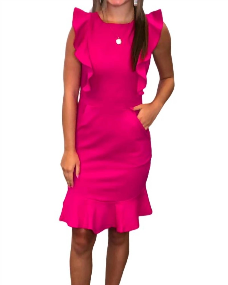 Front of a model wearing a size LARGE Take A Look Dress In Fuchsia in Fuchsia by CEFIAN. | dia_product_style_image_id:347666